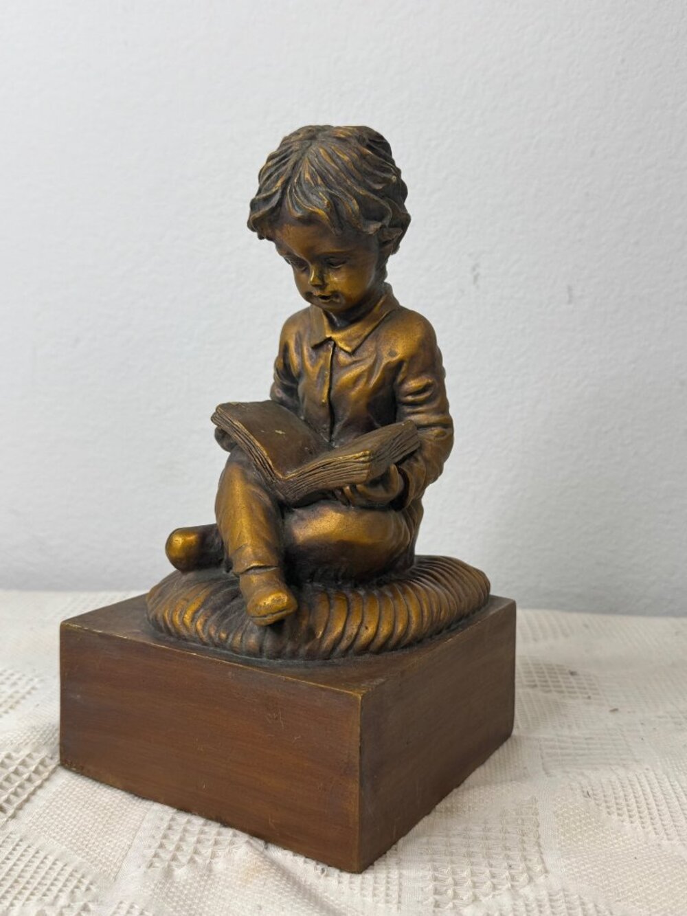 Bronze Tone Resin Bookend Statue Of Boy Child Reading On Square Base - 7" Tall